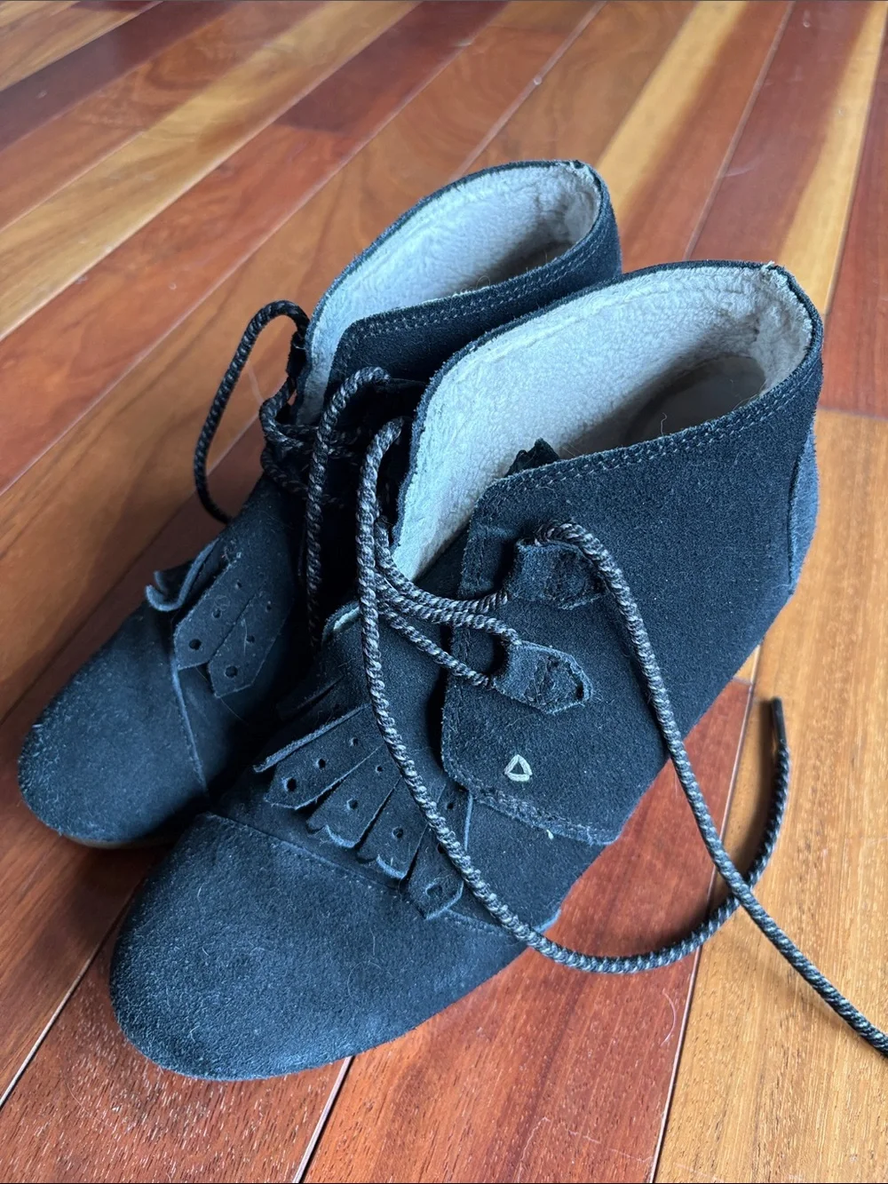 Toms Black Suede Fringe Lace-Up Wedges